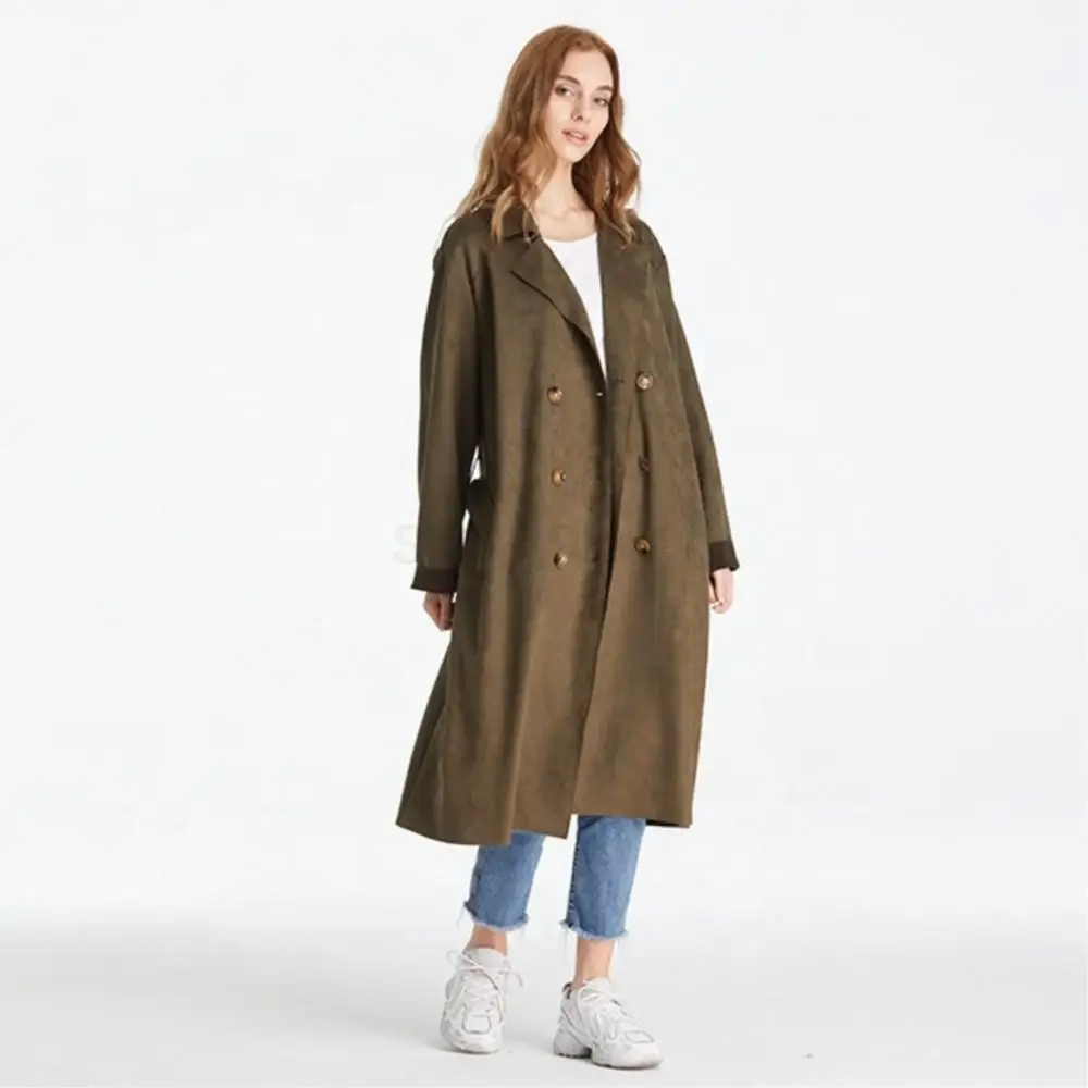 Women Winter Real Suede double-breasted Coat Long With Belted Pure Color Fashion Windbreaker Leisure Lapel Loose Jacket