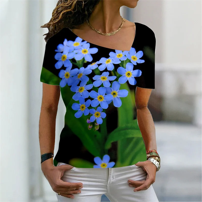 

2022 Women Summer Flower Painting Theme Tops Female Print V Neck L Neck Basic T-shirt Flower/ 3D Print Plus Size Pullover