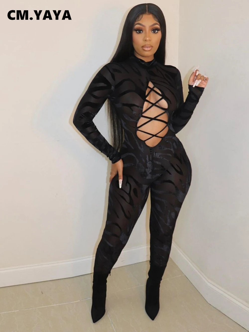Женский прозрачный сетчатый комбинезон CM.YAYA со шнуровкой открытым спереди и