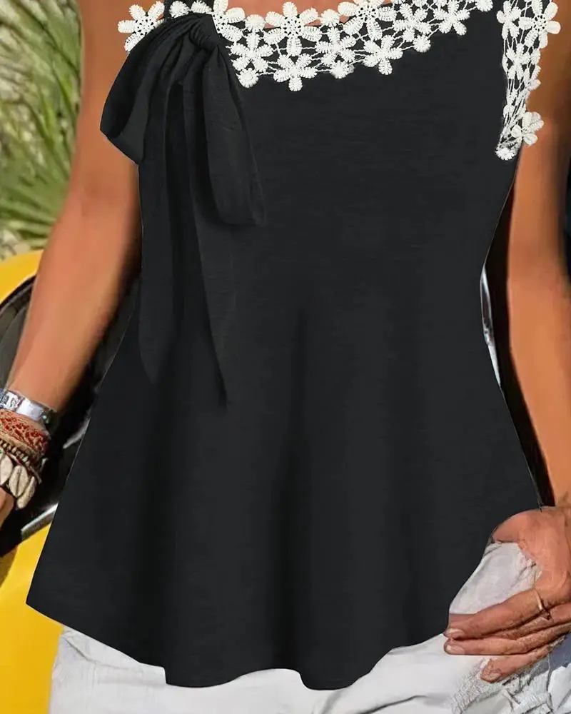 

Women Casual Lace Patchwork One Shoulder Bandage Tops Fashion Summer Sleeveless Loose Vests
