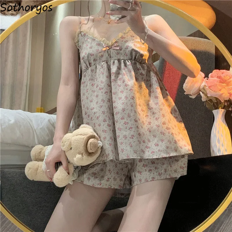 

Pajama Sets Women Sweet Floral Leisure Tender Korean Style Ladies V-neck Sexy Loose Summer Lounge Wear Fashion Cozy Folds Design