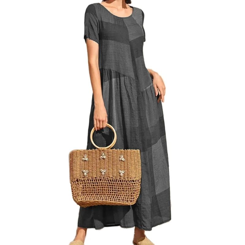 

Boho-Short Sleeve O-neck Flower Dress Check Printed Long Spring Dresses 57BD