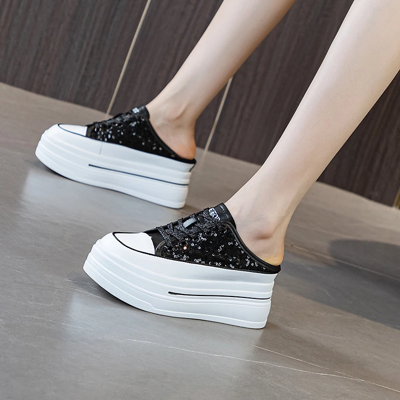 7 5 см 2024 блестящие синтетические слипоны на платформе женские туфли-лодочки в