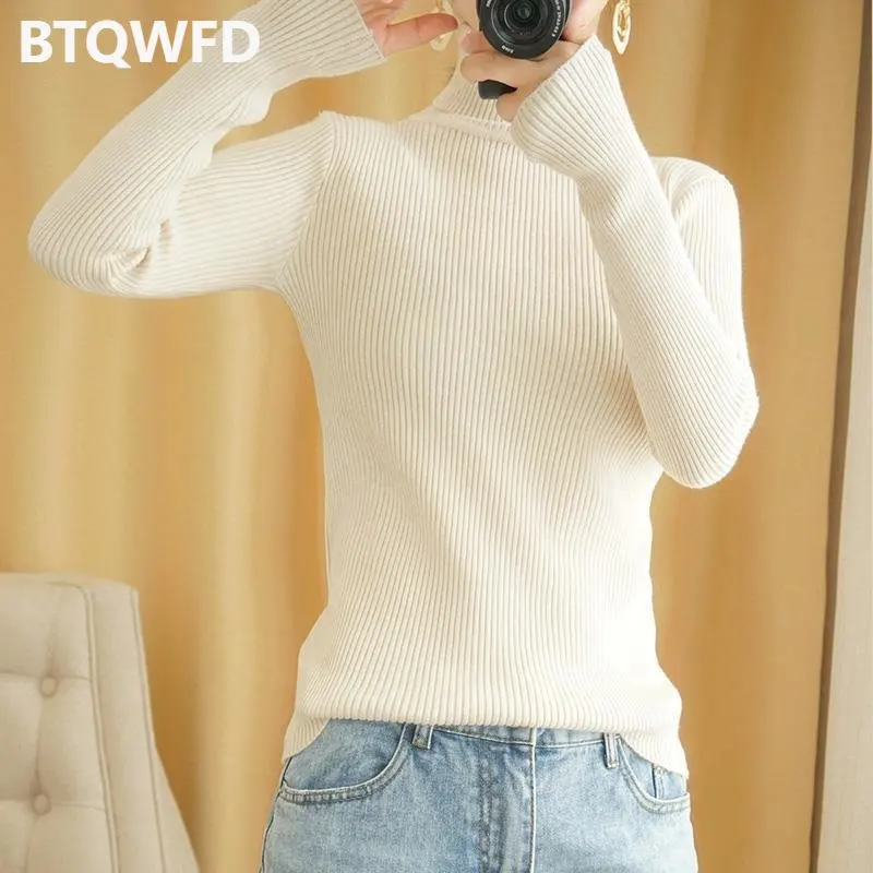 Women Pullovers Long Sleeve Slim Elastic Turtleneck Sweaters Autumn Winter Korean 2022 New Fashion Solid Color Female Clothing