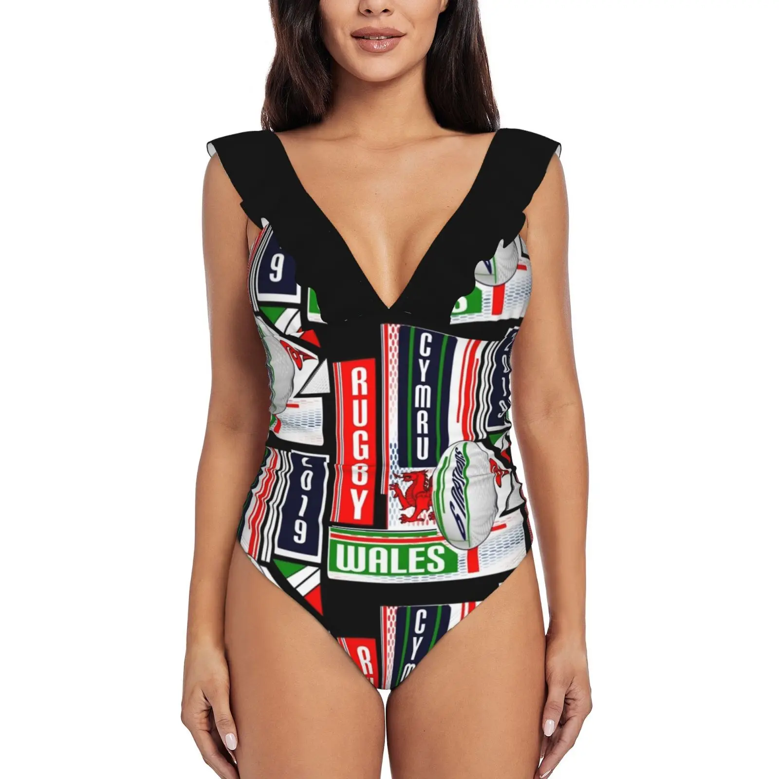 

Цельный купальник Cymru с оборками для женщин, пикантный слитный купальник команды Уэльского Уэльса по регби дракона 6 стран, 2019