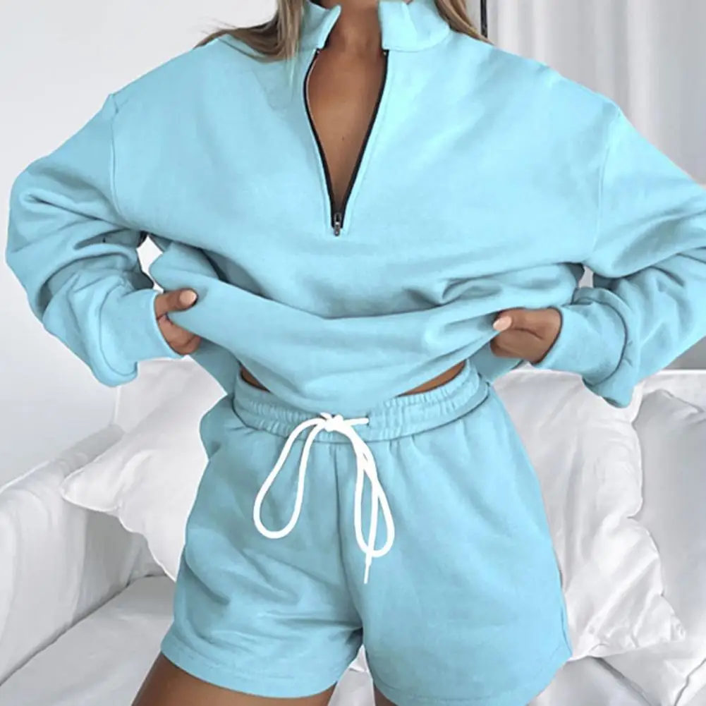 

Autumn Sweatshirt Shorts Set Solid Color Elastic Waist Drawstring Shorts Stand Collar Long Sleeves Tops Casual Sporty Tracksuit