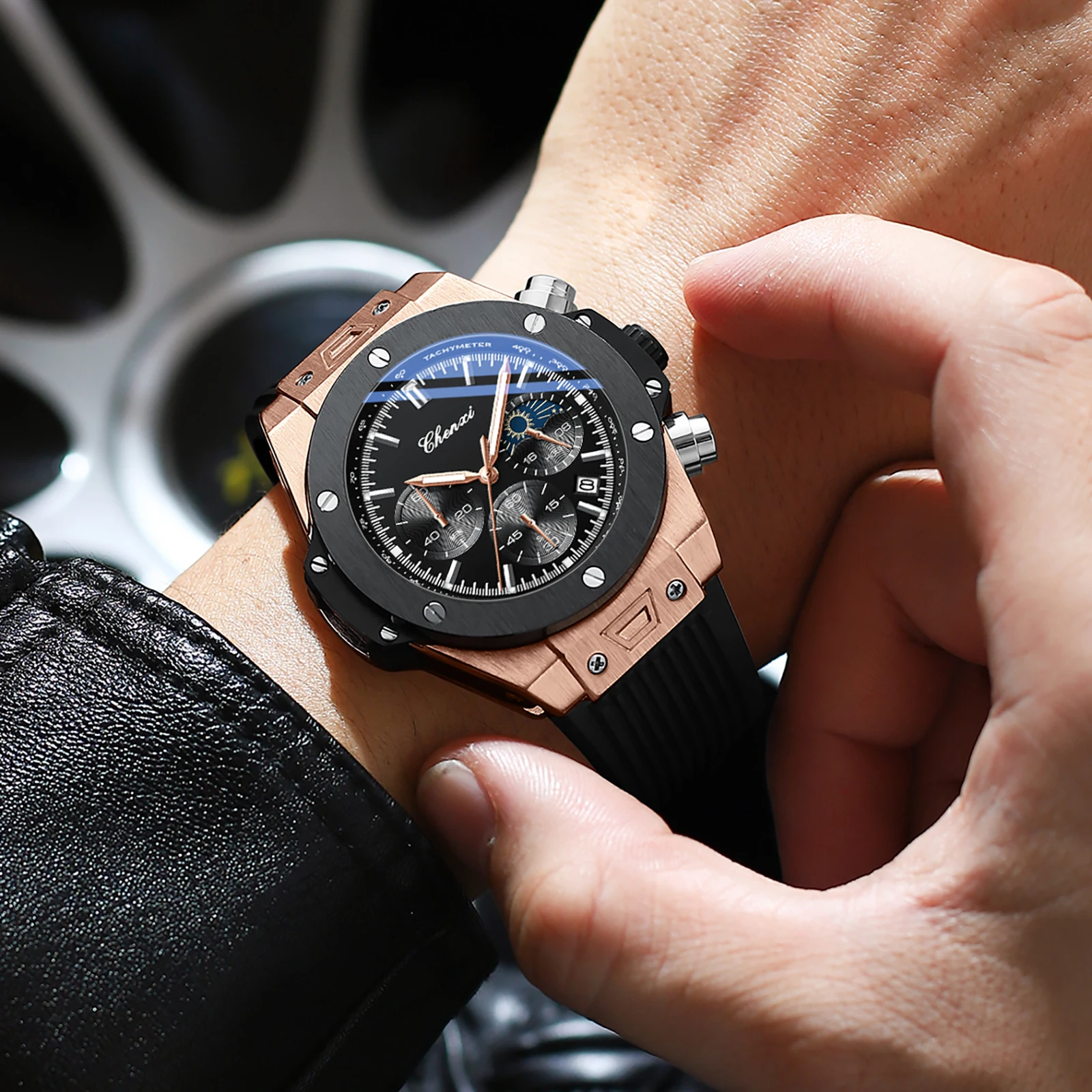 Фото Мужские часы, высококачественные водонепроницаемые спортивные хронографы, кварцевые наручные часы, силиконовый ремешок, календарь, светящиеся часы для мужчин №5