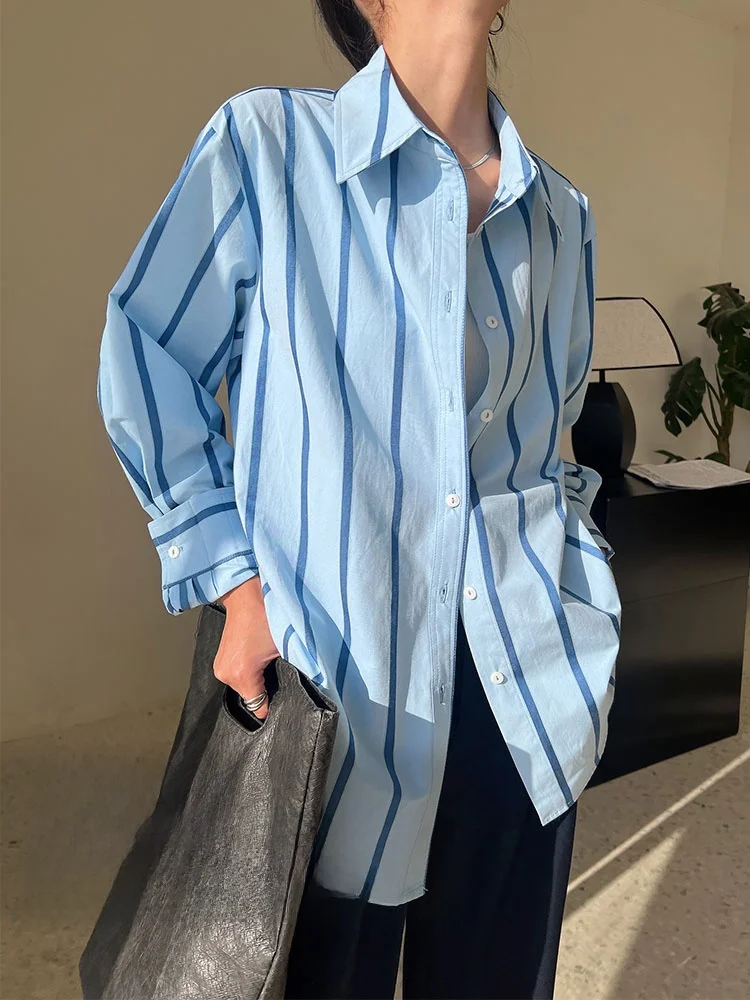 Вельветовые рубашки в синюю полоску женские осенне-зимние 2024 новая утолщенная