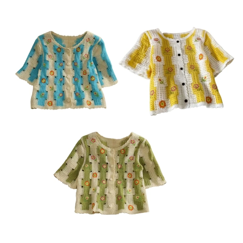 

Women Fashion Short-Sleeve Embroidery Cardigans Knitted Crop Tops Button Up Tops