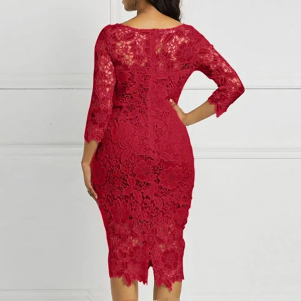 

Sexy Women Round Neck Bodycon Dress Three-quarter Sleeves Lace OL Knee-length Dress