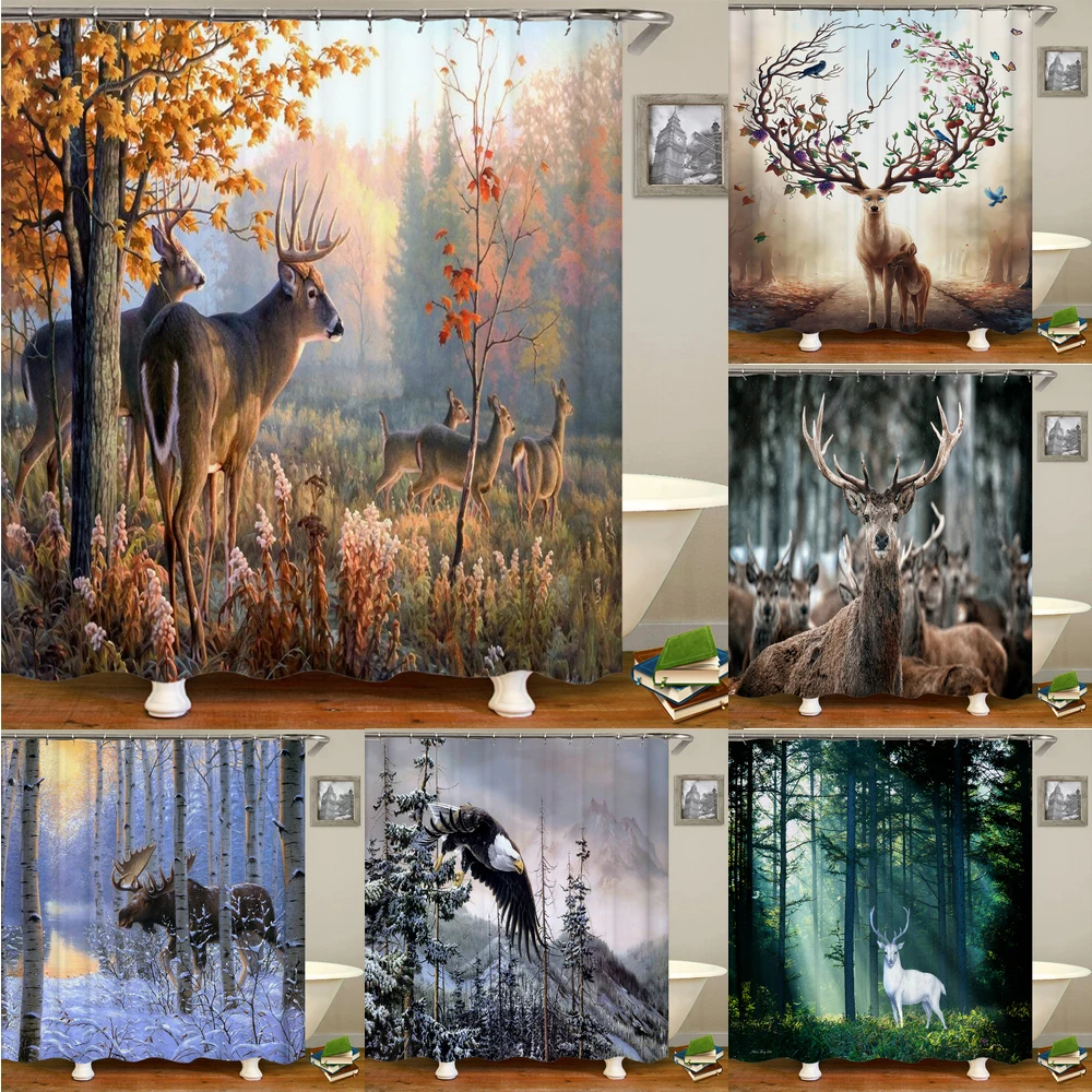 

Шторы для душа с оленями и крючками, водонепроницаемые 3d занавески в ванную комнату с рисунком лося, моющиеся, с рисунком