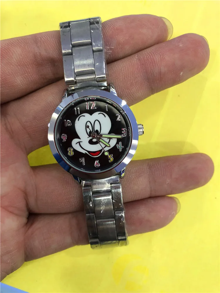 Фото Детские часы Disney с Микки и Минни, часы с персонажами мультфильмов и аниме, светящиеся кварцевые часы с указателем Микки Мауса, стальной ремешок, подарки для детей №5