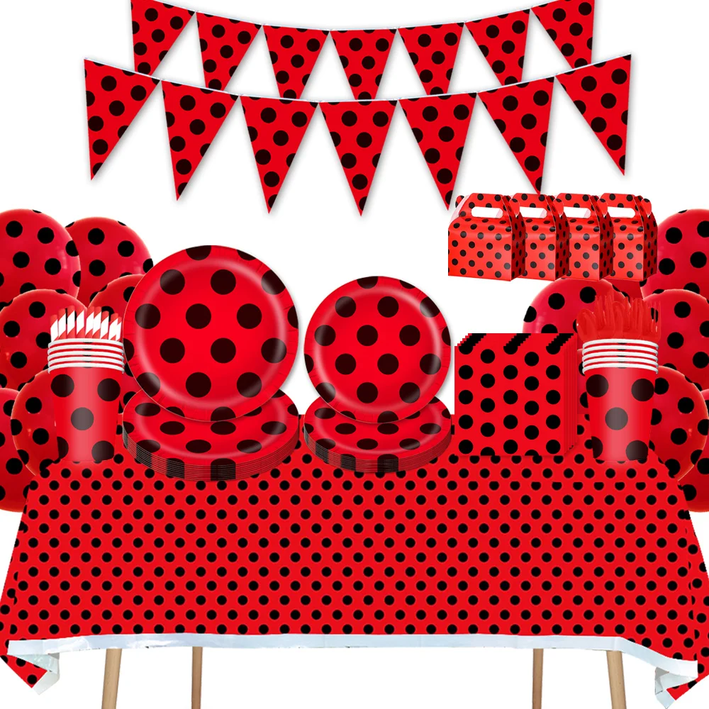 

Red and Black Dots Birthday Party Decorations Baby Shower Decoration Ladybug Disposable Tableware Napkins Plates Cups Boxes