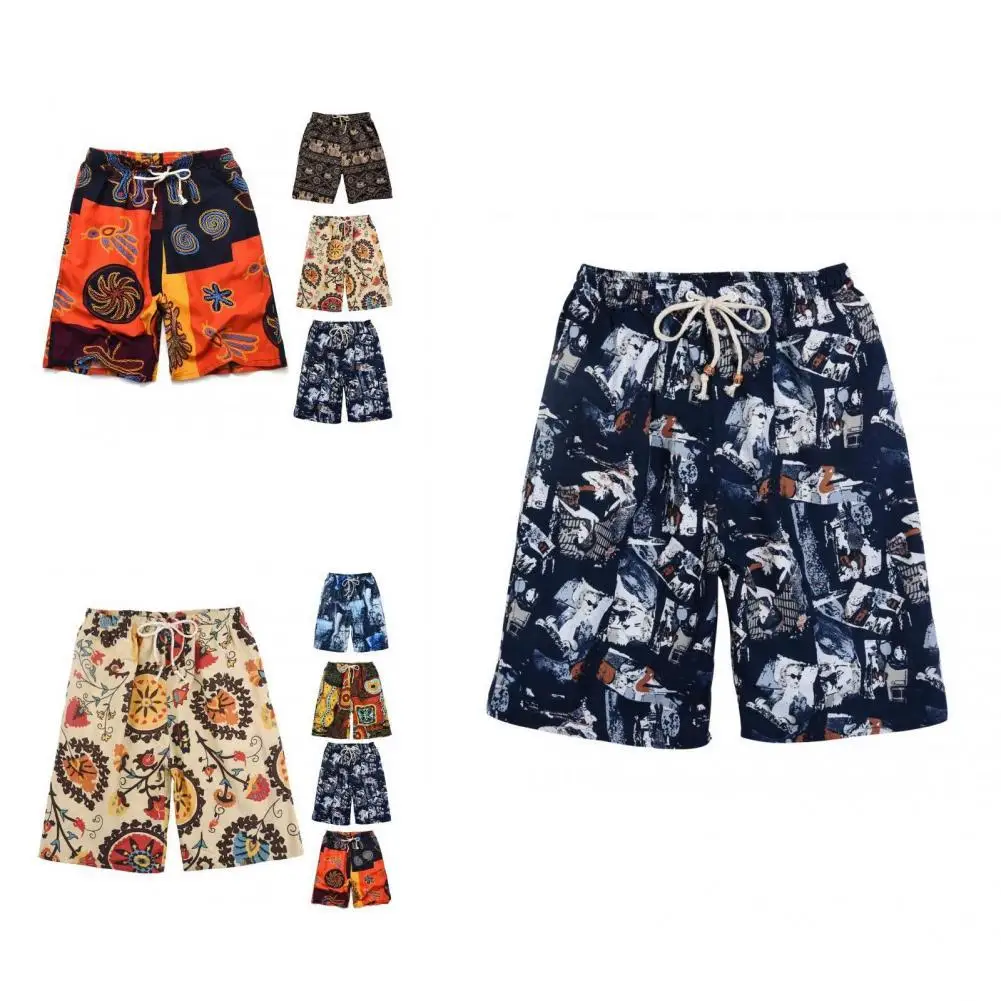 

Trendy Short Pants Loose Pocket Men Shorts Retro Print Men Beach Shorts