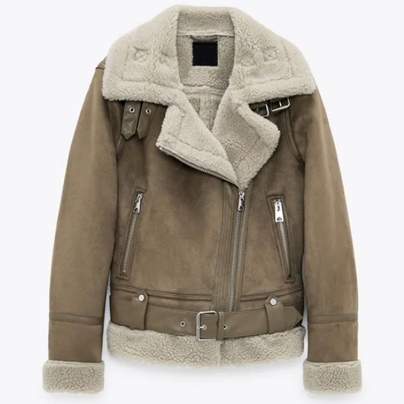 

Winter New Women Thick Warm Vintage Suede Lambswool Biker Jackets Coat Chic Sashes Casual Loose Faux Leather Outwear Tops