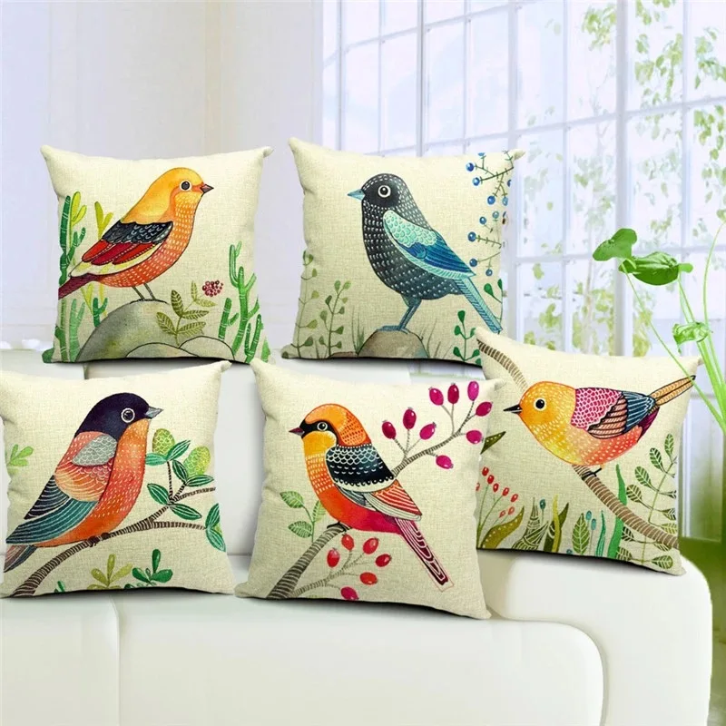 

Spring Bird Cotton Linen Pillowcase Flower Birds Pillow Case Home Decor Decorative Cushions for Elegant Sofa Bed Pillow Covers