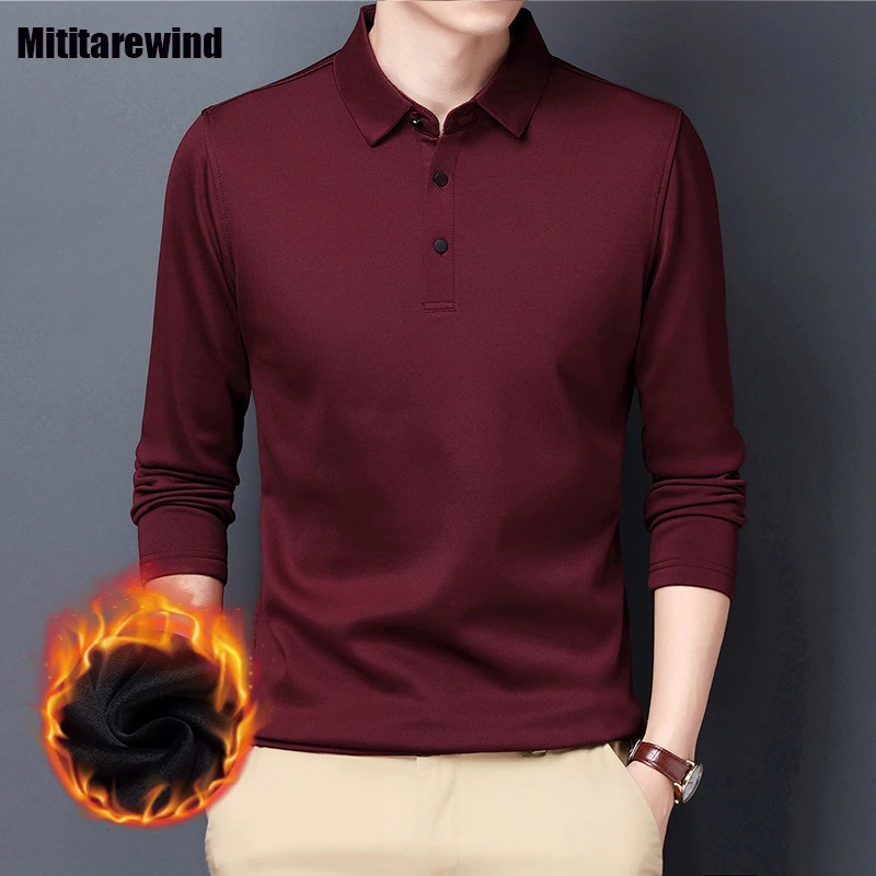 

Рубашка-поло мужская однотонная, утепленная Повседневная утепленная футболка с лацканами, для мужчин среднего возраста, Осень-зима