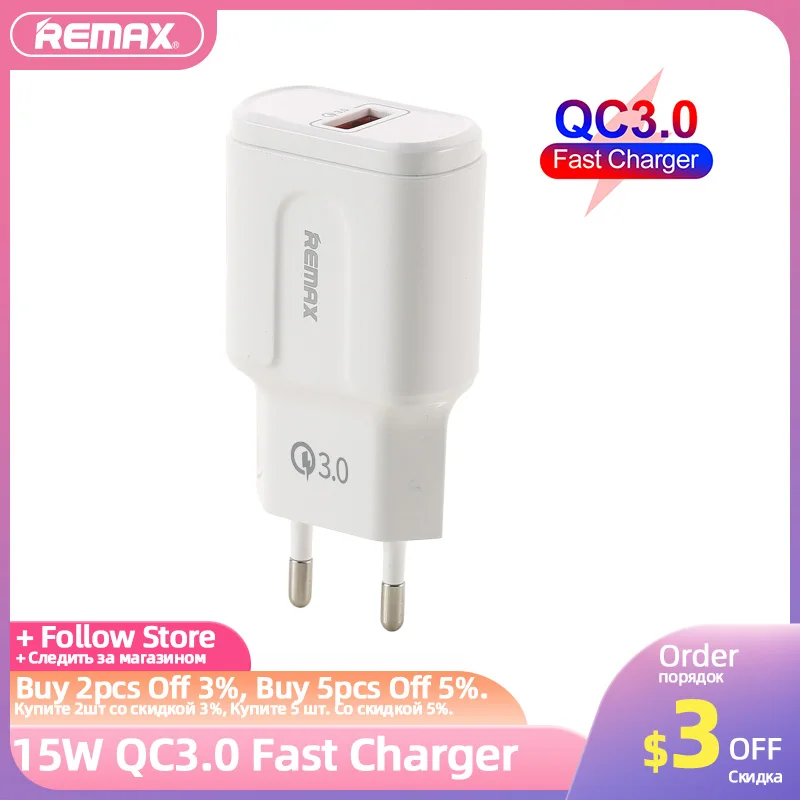 

REMAX Quick Charge Phone Charger QC3.0 USB Adapter for IPhone Samsung Xiaomi Fast Charging Connect with Type C Lightning Cable