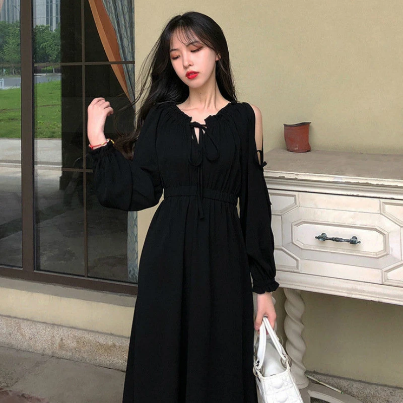 

Long Puff Sleeve Dress Women Black Drawstring Maxi Dresses Off-shoulder Elegant Fashion Womens French Boho 2XL Korean Style Chic