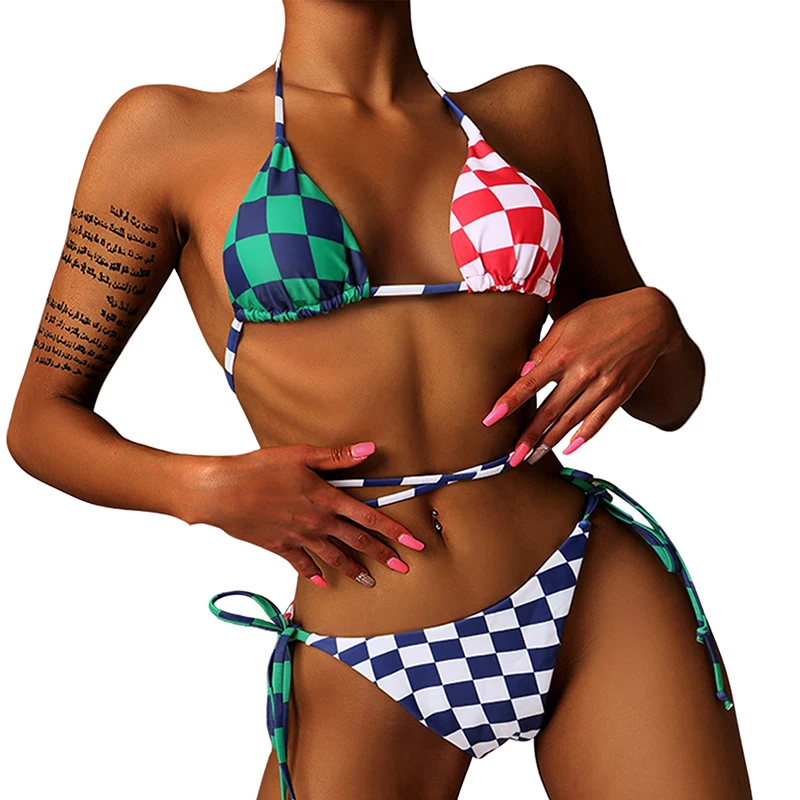 

2 Pcs Women Tie-up Bathing Suits, Adults Plaid/ Stripe Print Padded Halter Bra + Thong