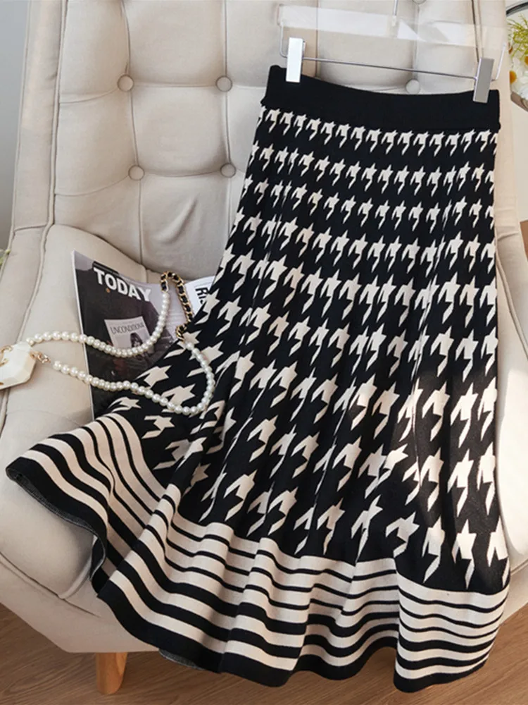 

Женская трикотажная юбка миди, плиссированная винтажная юбка трапециевидной формы с узором «гусиные лапки» и высокой талией, на осень и зиму
