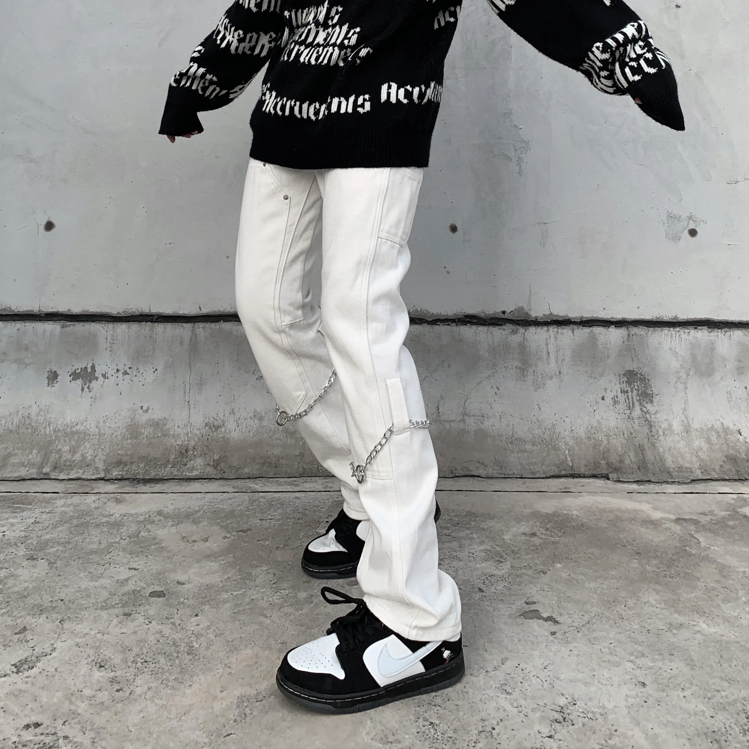 Men's Korean Casual Streetwear White Harajuku Vintage Jeans Graffiti Wide Leg Baggy Straight Denim Pants Trousers