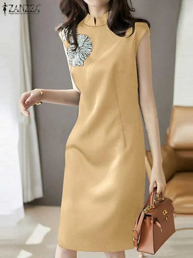 

Платье ZANZEA с рукавом-крылышком и вышивкой длиной до колена, сексуальное женское платье с воротником-стойкой, винтажное облегающее платье на...