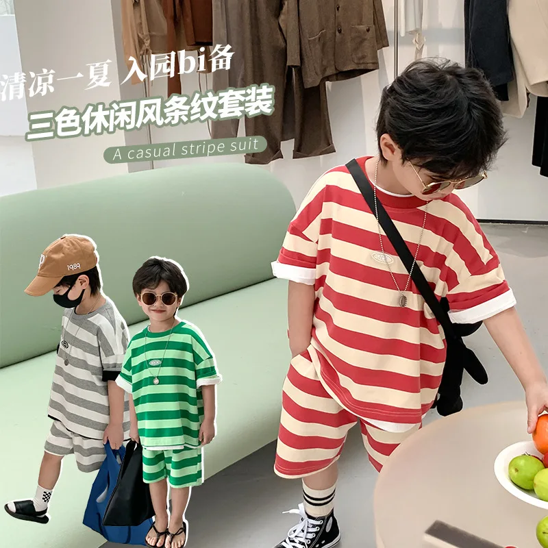 

Children's handsome striped suit boys and girls baby summer sports shorts two-piece set