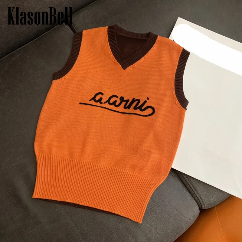 

2.17 KlasonBell Cotton Sleeveless V-Neck Embroidery Letter Knitted Sweater Vest Women
