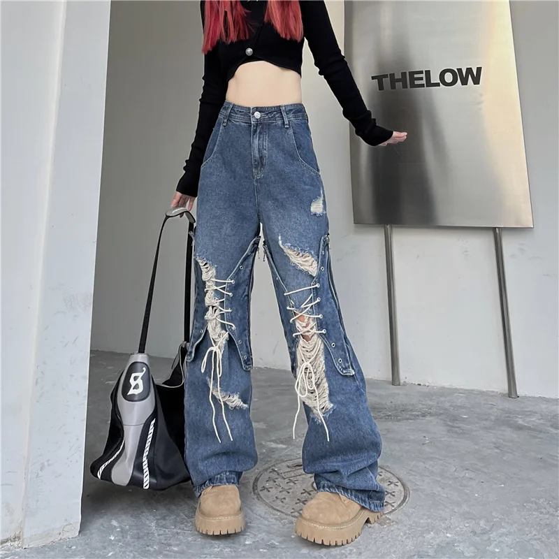 Hollowed-out Jeans Women's Spring American Wide Leg Trousers High Waist And Thin Design Hole Denim Washed Pants