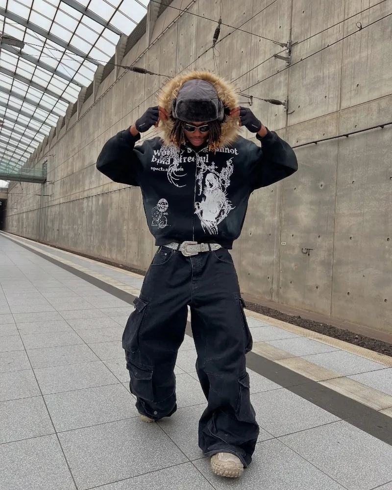 Harajuku корейский тренд ретро толстовка на молнии для мужчин y2k уличная