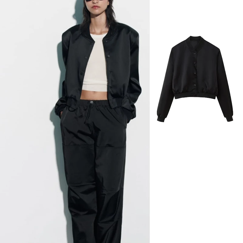 

TRAF Woman Fashion Satin Bomber Jackets for Women 2023 Autumn Jacket Long Sleeve With Pockets Coats Casual New in Outerwears