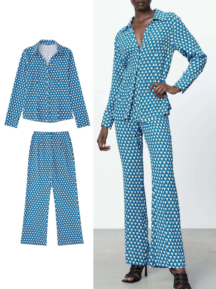 

KJMYYX Summer 2Pcs Sets Women Printed Geometric Blouse 2022 Causal Long Sleeve Tops Female Single Breasted Shirts+Flare Pants