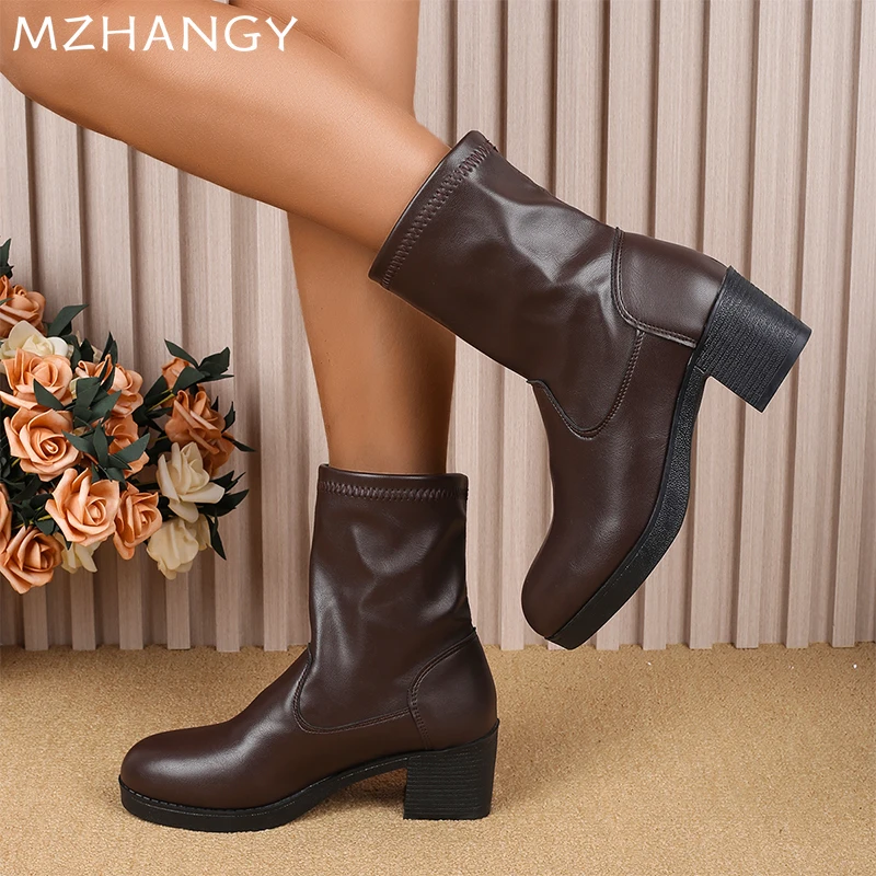 Кожаные женские ботильоны на массивном каблуке зимняя обувь среднем женская