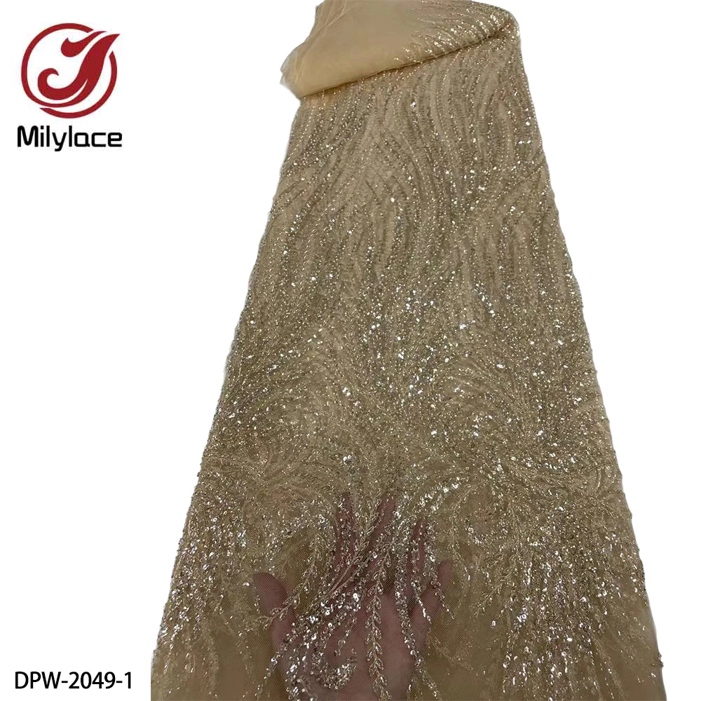 

Latest Sequins Lace Fabric High Quality African Lace Fabric Handmade Beads Lace Fabric for Bridal Dress DPW-2049