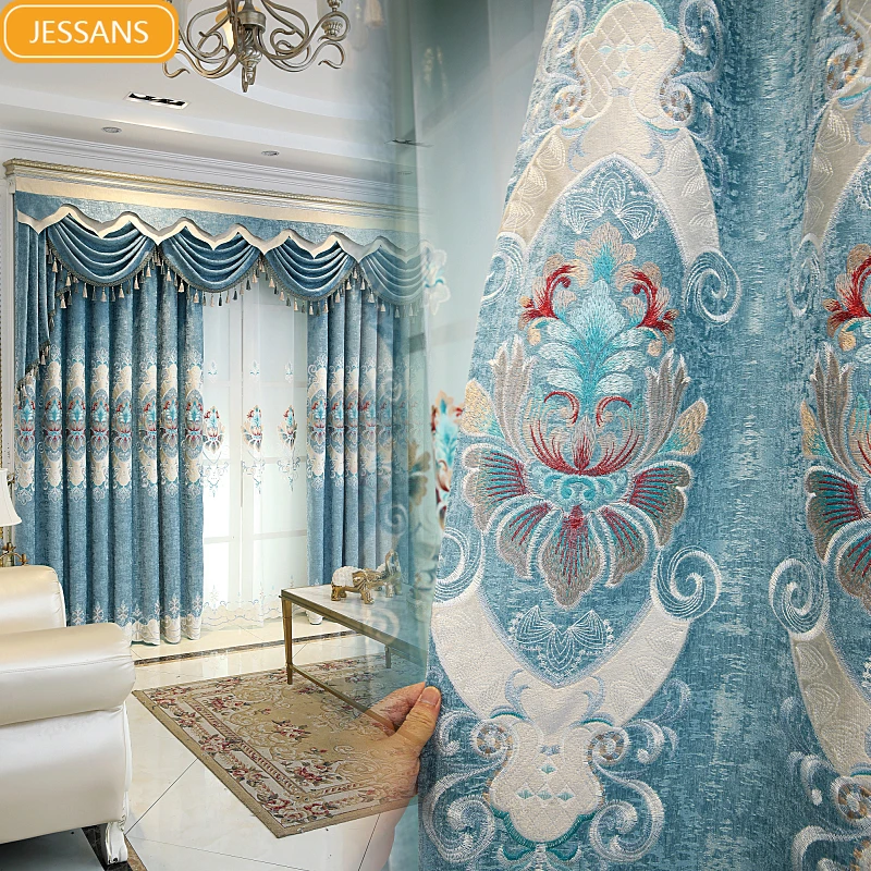 

High-end European Style Embroidery Embroidery Chenille Cashmere Window Screen Curtains for Living Room Bedroom Finished Product