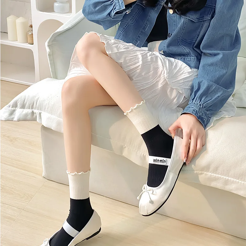 2 Pairs Of Girls' Mid-tube Socks Summer Thin Breathable Solid Cotton Ladies Cream Style Patchwork