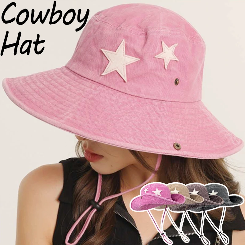 

Punk Stars Bucket Cap New Summer Cowboy Hat Y2K Star Pink Retro Big Brim Outdoors Sun Protection Girl Cowboy Hat Casual Jazz Cap