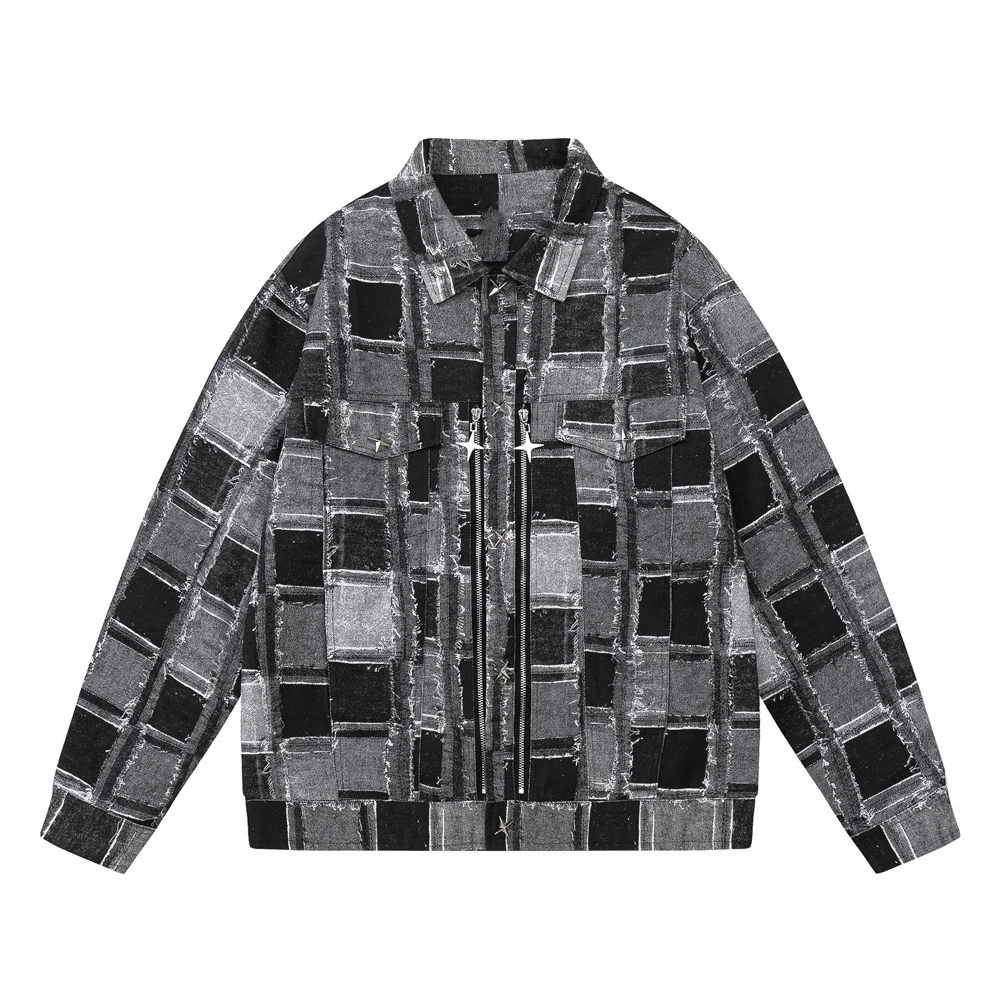 

Denim Coats Man Autumn Vintage ZipperSpliced Plaid Retro Single Breasted Full Sleeve Turn-Down Collar Casual Jackets