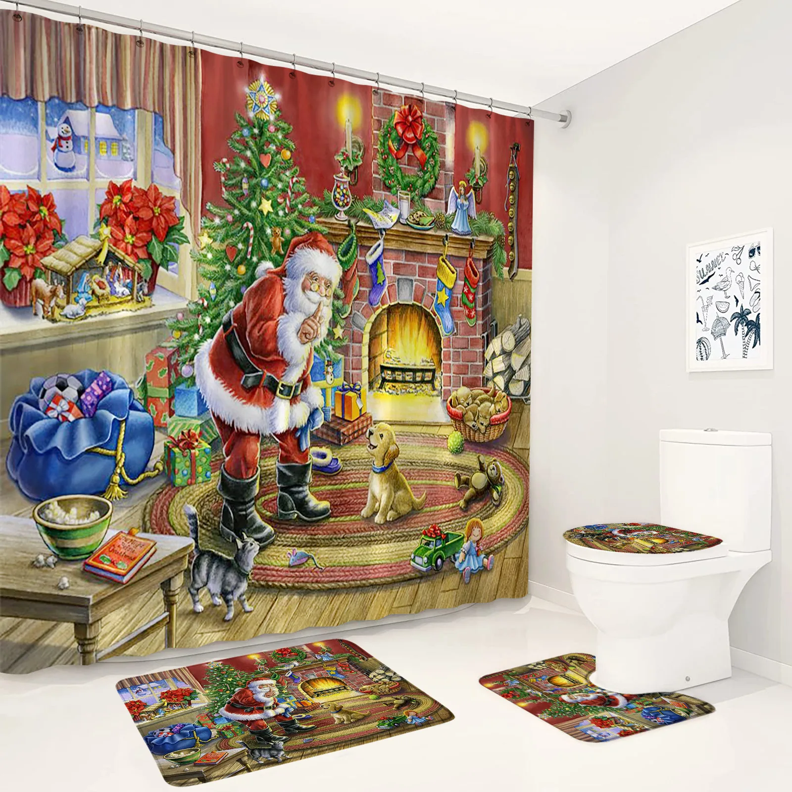 

Christmas Shower Curtain Set Funny Santa Clause Fireplace Xmas Tree New Year Art Bathroom Decor Non-Slip Rug Bath Mat Toilet Lid