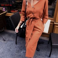 vintage back button sashes a line party dress women long sleeve sexy v neck solid casual elegant mid dress 2021 winter dress new