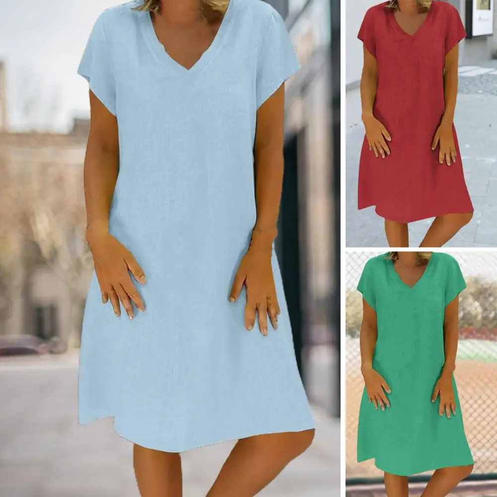 

Summer Casual Short Sleeve Pullover Dress 2023 Solid Women Cotton Linen Loose Beach Dress Sexy V Neck Female Party Dress Vestido