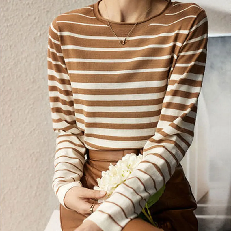 

Women's Clothing Spring Autumn Striped Vintage Knitted Sweaters Straight Chic All-match Round Neck Long Sleeve All-match Jumpers