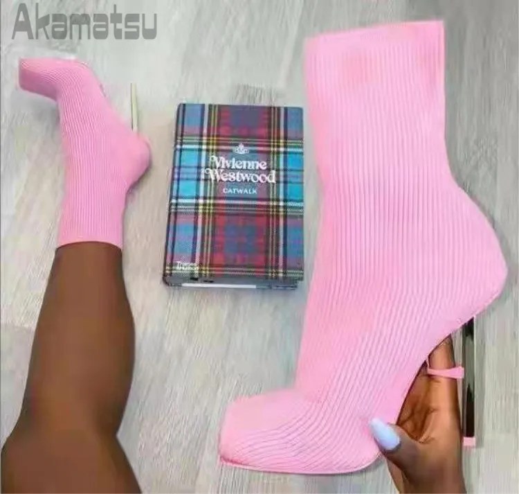 Fashion Elastic Knitted Socks Ankle Boots Square Toe Thin Heel High Heel Pink Beige Green Black Women's Shoes Large Size 36-43
