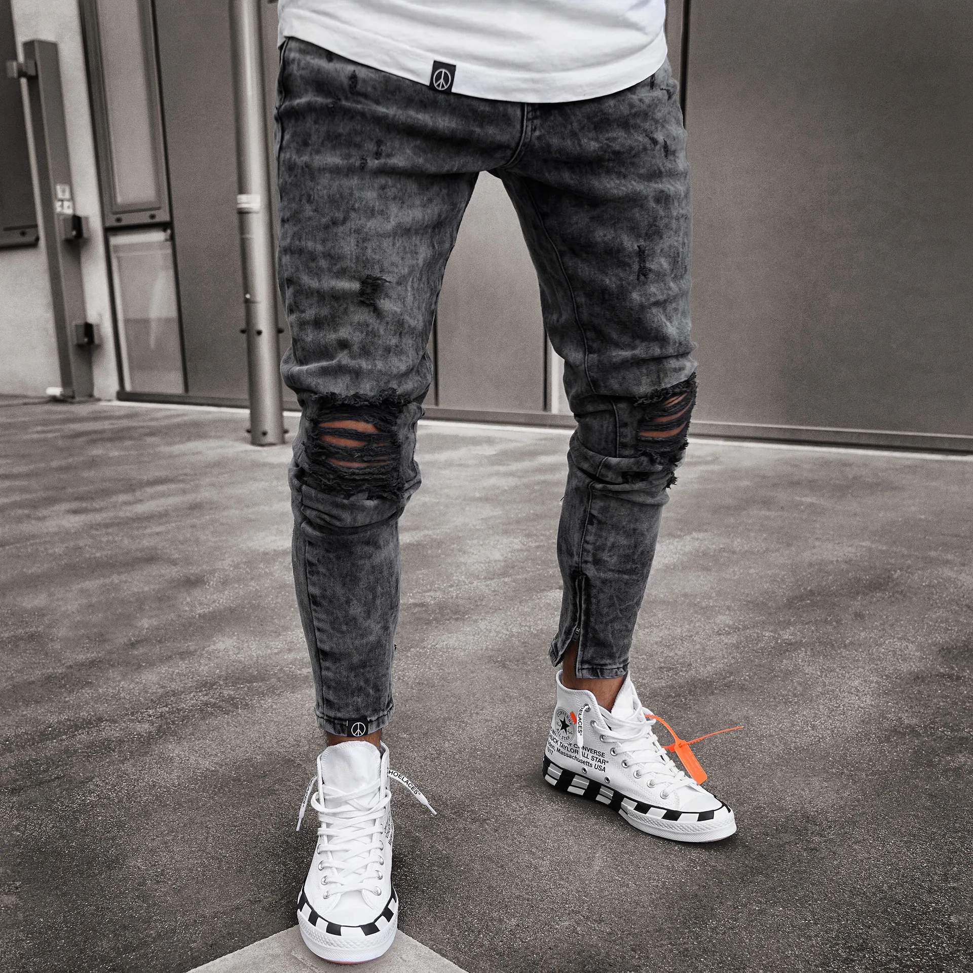 

Mens Light Indigo Ripped Streetwear Fashion Skinny Damaged Holes With Rhinestone Slim Fit Stretch Distressed Destroyed Jeans