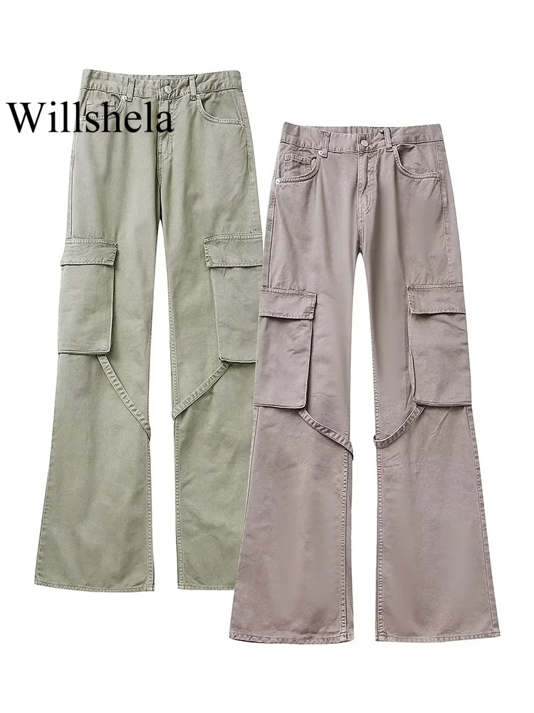 

Willshela/женские модные однотонные брюки-карго с карманами на молнии спереди; Винтажные брюки-карго с высокой талией; Длинные женские шикарные брюки