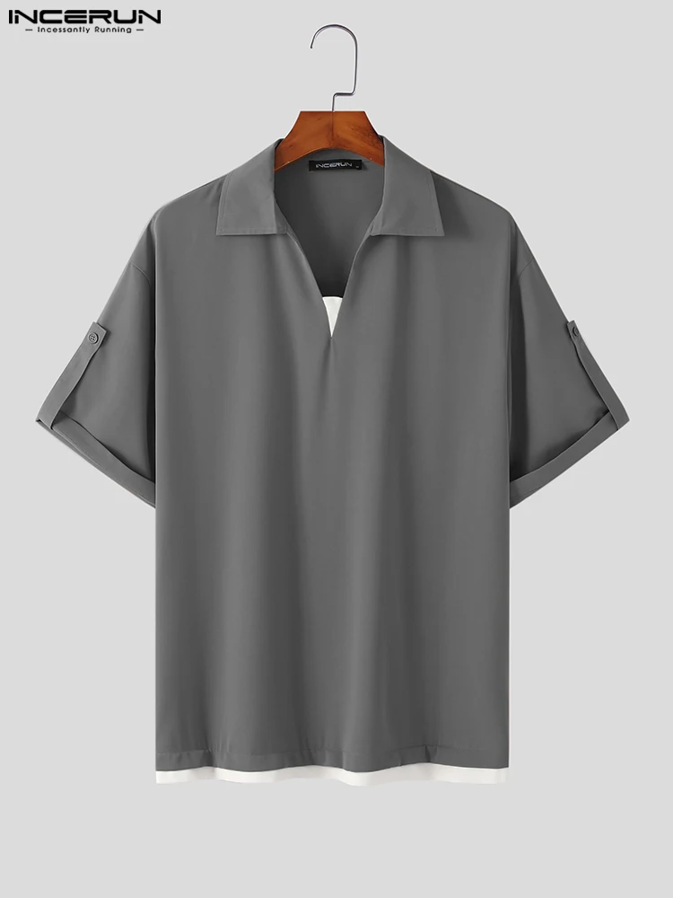 Fashion Casual Men's Tops INCERUN Fake two-piece Splicing Blouse Stylish Male Solid Color Drape Five-quarter Sleeve Shirts S-5XL