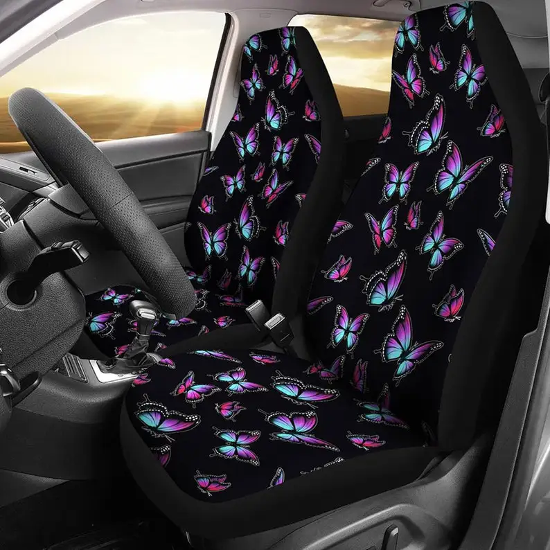 

Blue and Purple Ombre Butterfly Pattern on Black Background Universal Fit For Most Bucket Seats Girly Seat Protectors