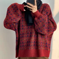 women pullover patchwork loose lantern sleeve simple knitted sweater female elegant all match trendy oversize streetwear clothes