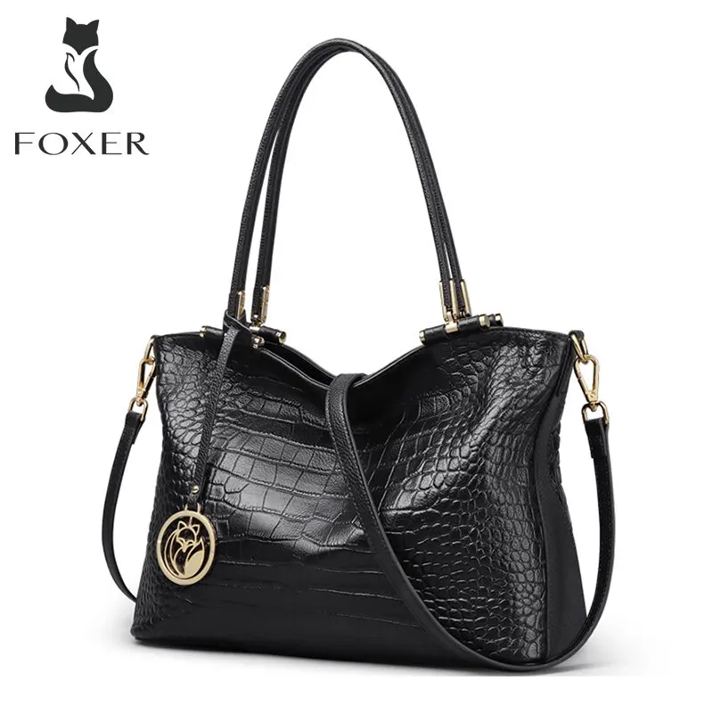 FOXER Women Crocodile Pattern Genuine Leather Top Handbag Ladies Vintage Shoulder Crossbody Bag Commuter Style Tote Female Purse